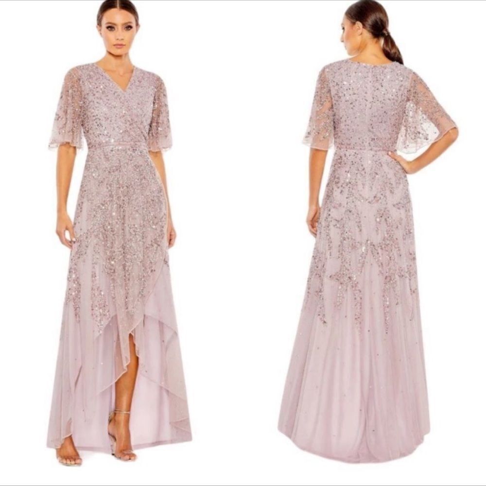 Mac Duggal 93681 Lilac Sequined Kimono Sleeve High Formal Maxi Gown | Size 14